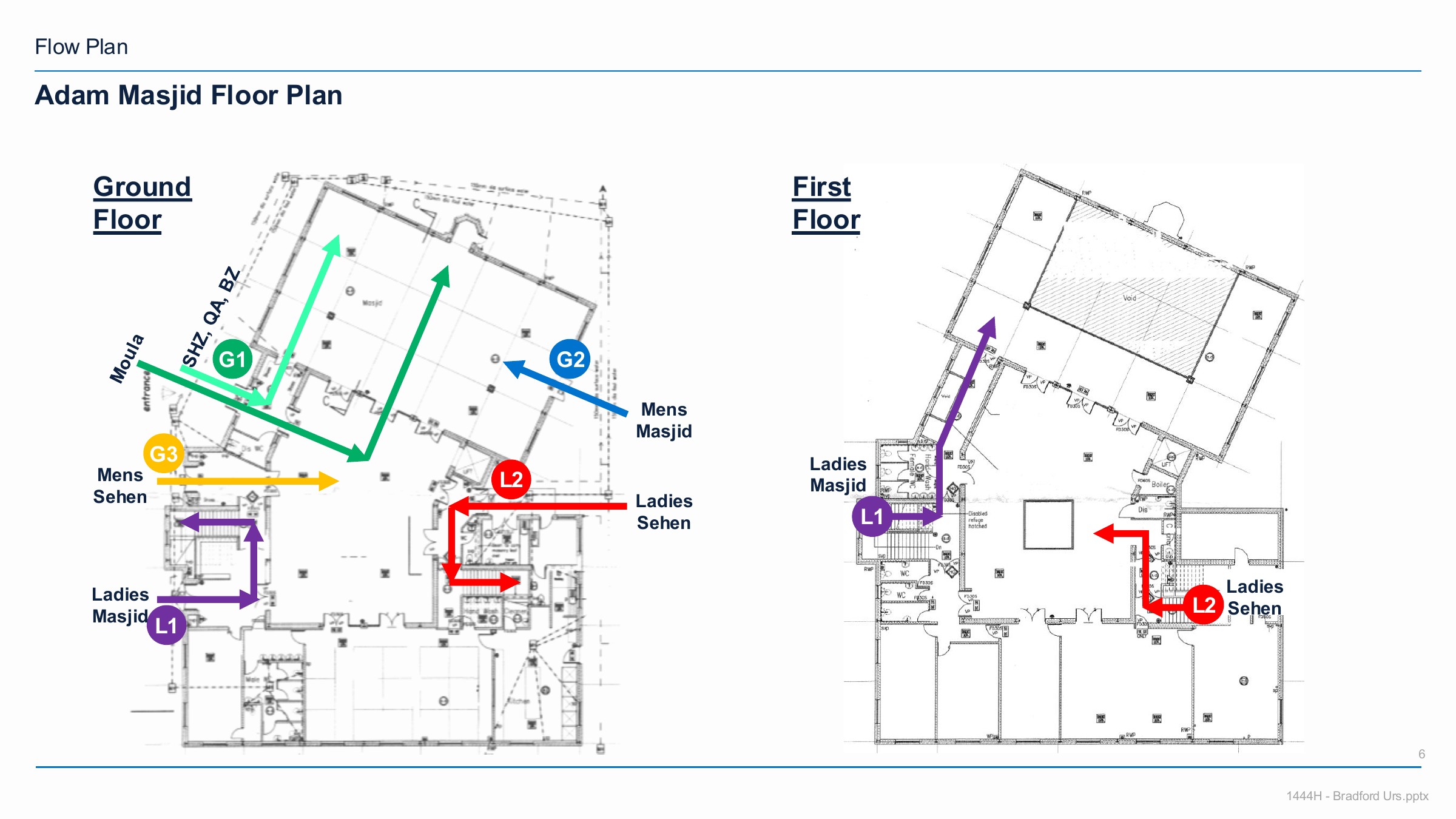 Adam Masjid Floor Plan — Ground & First Floor with gate flow